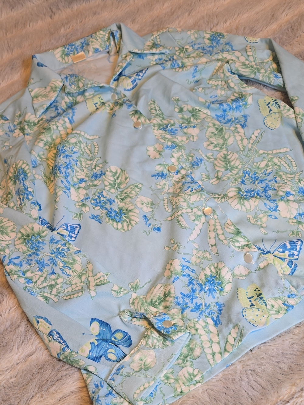 Vintage 1965 top Light Blue Floral Butterfly Button-Up Blouse